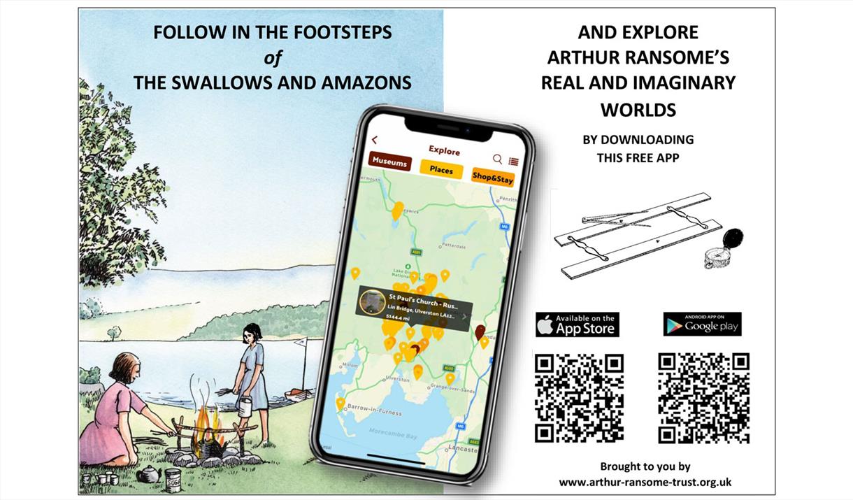 Poster for Downloading the Swallows and Amazons App, with QR codes to the download on Google Play and Apple App Store