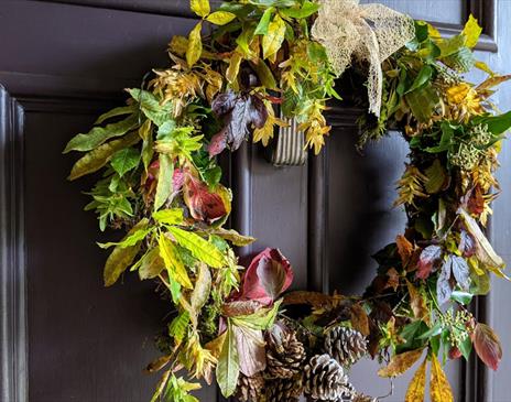 Wreath on a Door for the Christmas at Allan Bank Events in Grasmere, Lake District