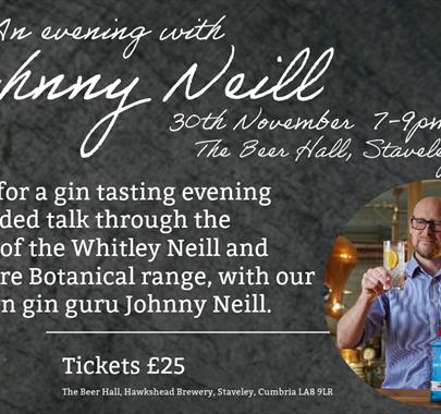 Poster for An Evening with Johnny Neill at Hawkshead Brewery in Staveley, Lake District