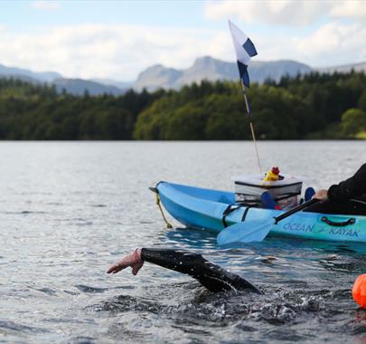 Participant Swimming at Aquasphere Epic Lakes Swim Windermere in the Lake District, Cumbria