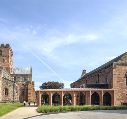 Exterior of Carlisle Cathedral Café and the Cathedral in Carlisle, Cumbria
