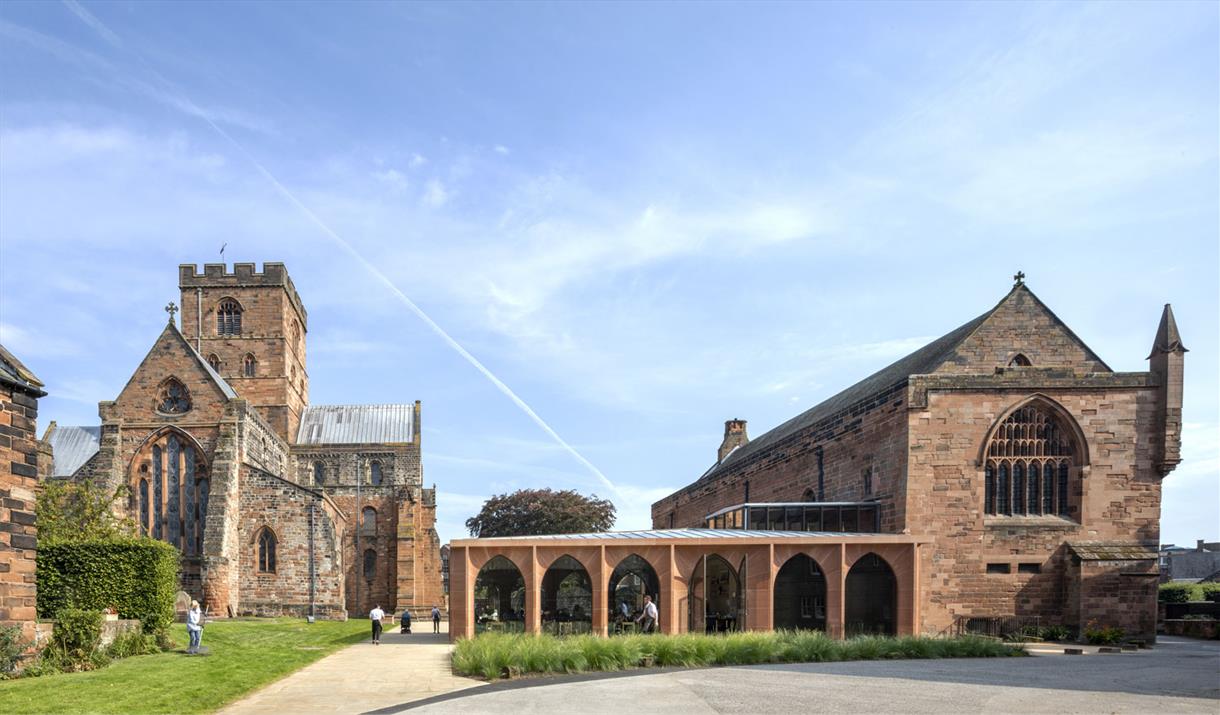 Exterior of Carlisle Cathedral Café and the Cathedral in Carlisle, Cumbria