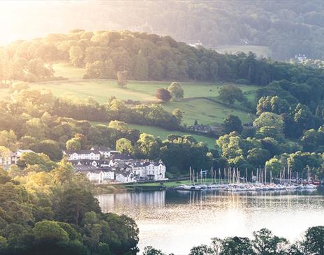 Scenic Aerial View of Low Wood Bay Resort & Spa Overlooking Windermere in the Lake District, Cumbria