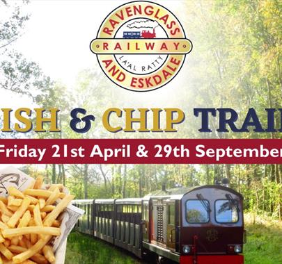 Advert for Fish & Chip Trains at the Ravenglass & Eskdale Railway in Ravenglass, Cumbria