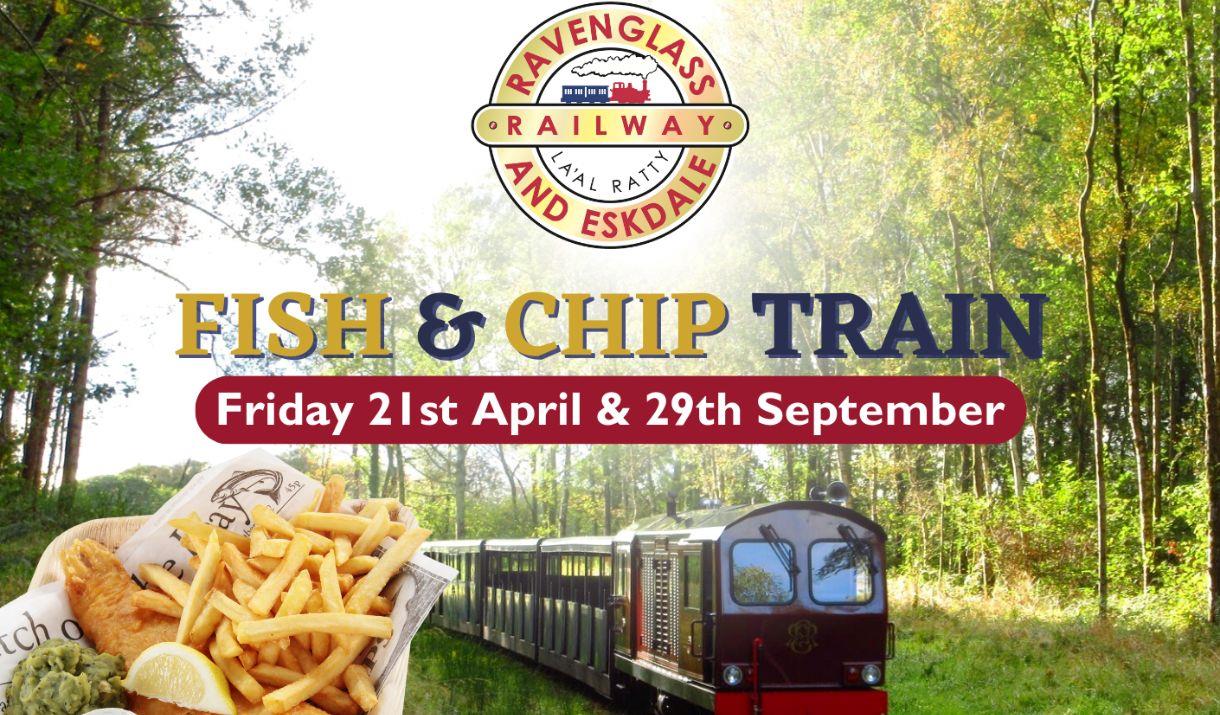 Advert for Fish & Chip Trains at the Ravenglass & Eskdale Railway in Ravenglass, Cumbria