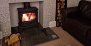 Close-up Shot of Wood Burner and Logs in the Lounge at Heather View in Threlkeld, Lake District