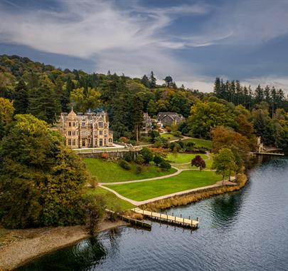 Aerial Photo of the Exterior and Grounds of Langdale Chase Hotel in Windermere, Lake District