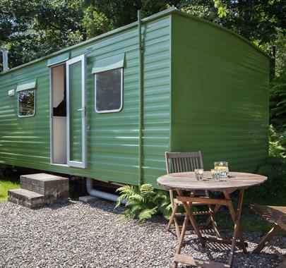 Exterior and outdoor seating at Retro Caravan in Manesty, Lake District