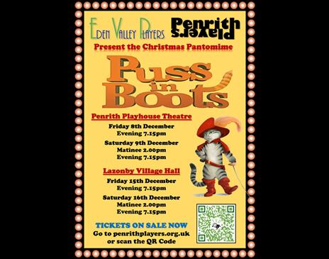Poster for Puss in Boots Christmas Pantomime at Lazonby Village Hall in Lazonby, Cumbria