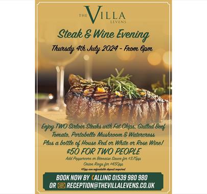 Poster for Steak & Wine Evening at The Villa, Levens near Kendal, Cumbria