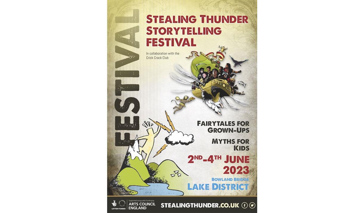 Poster for Stealing Thunder Storytelling Festival at The Hare & Hounds Inn, Bowland Bridge, Lake District