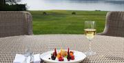 Terrace Dining Views at The Lake Edge Restaurant, Storrs Hall Hotel in Bowness-on-Windermere, Lake District
