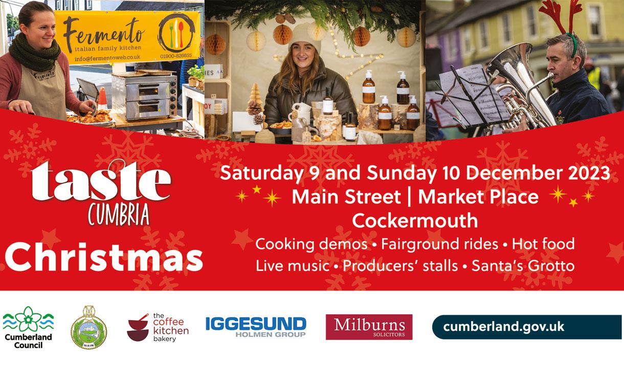 Poster for Taste Cumbria Christmas with information on sponsors, times, and locations