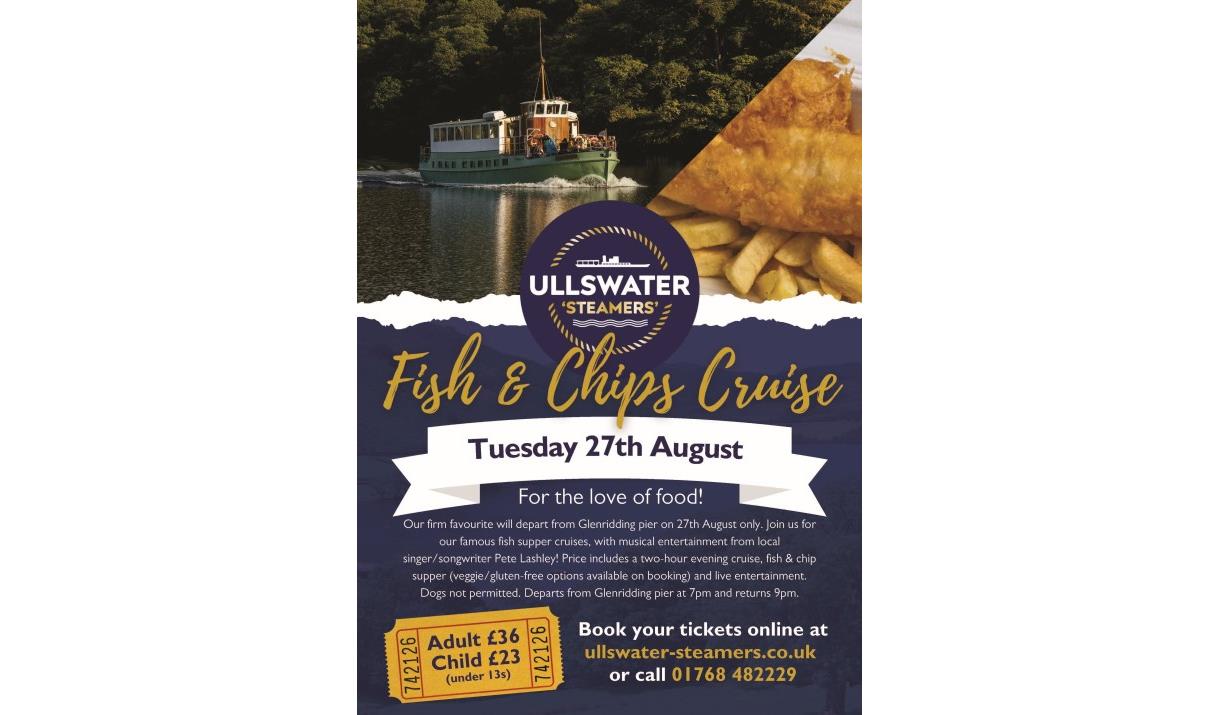 Poster for Fish & Chip Supper Cruise from Glenridding Pier with Ullswater 'Steamers' in the Lake District, Cumbria