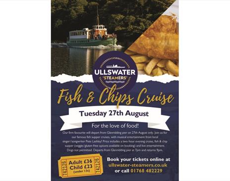 Poster for Fish & Chip Supper Cruise from Glenridding Pier with Ullswater 'Steamers' in the Lake District, Cumbria