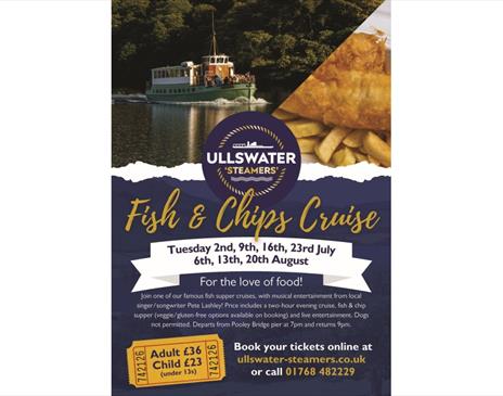 Poster for Fish & Chip Supper Cruises from Pooley Bridge with Ullswater 'Steamers' in the Lake District, Cumbria