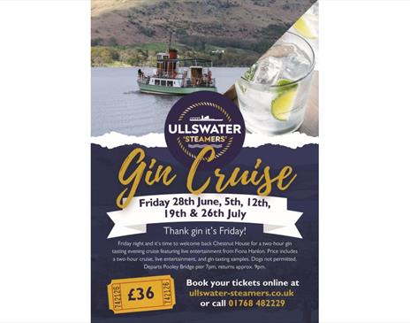 Poster for Summer evening Gin tasting cruises on Ullswater 'Steamers' in the Lake District, Cumbria