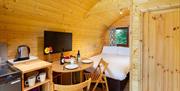Interior of the Super Deluxe glamping pod at Woodclose Park in Kirkby Lonsdale, Cumbria.
