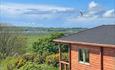 Blue sky with a swallow flying above the log cabin which looks out towards the sea.