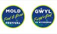 Circular logos for the Mold Food & Drink Festival, colours are blue and green. One English and one Welsh version.