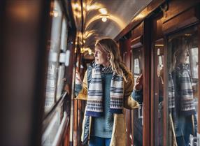 Woman in old fashioned train carriage