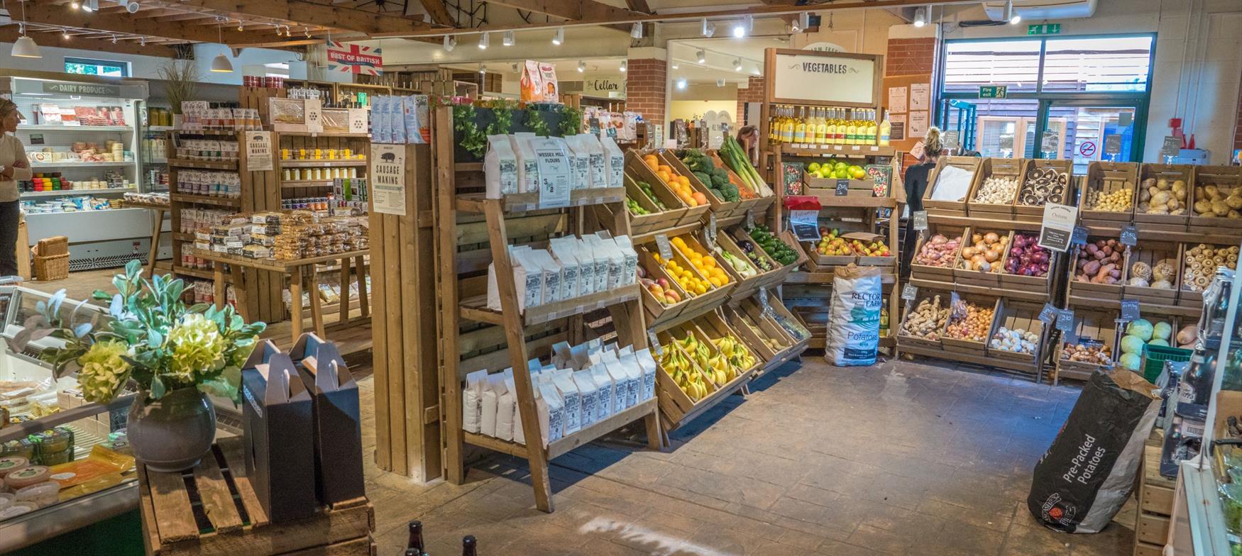 Shelves stacked with produce