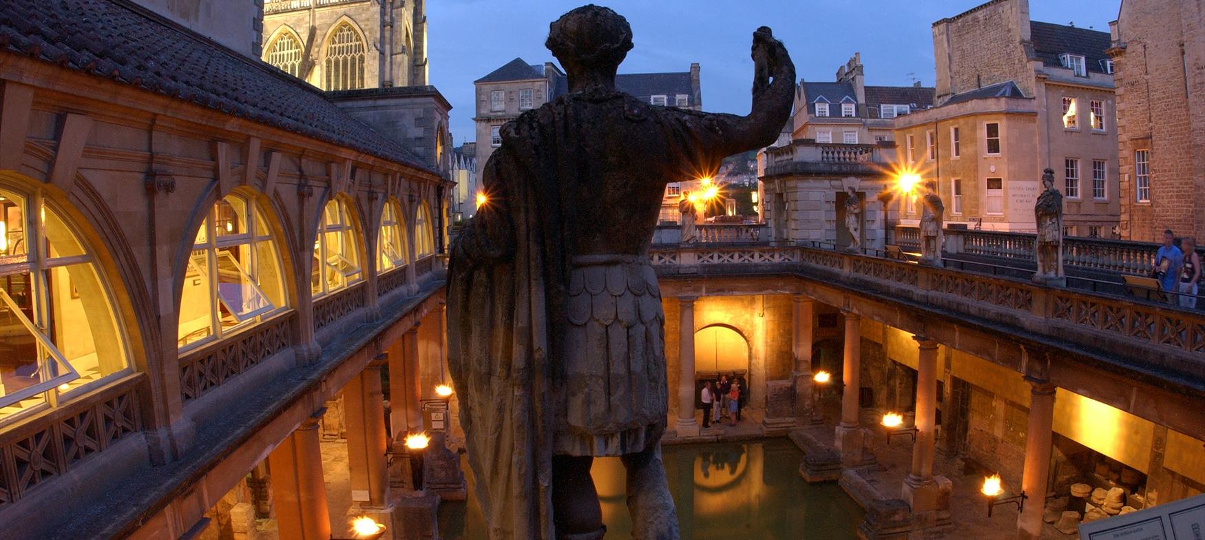 Roman Baths at Moonlight with Statue of Roman