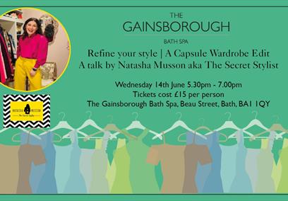 A poster with an image of a woman inset on the top left corner against a green background, with black text and clip art of dresses at the bottom.