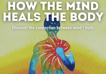 A colourful picture of a human holding their hand over their heart, white swirls is coming of the heart. There is white text: How the mind heals the b