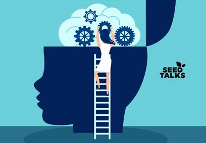 A women climbing a ladder into a brain