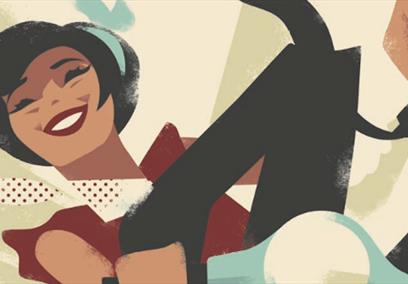 Drawing of man and woman on a scooter