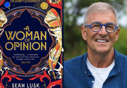 Author Sean Lusk with his book, A Woman of Opinion