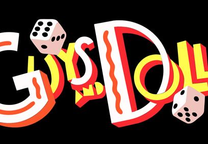 A poster with the Guys & Dolls logo on a black background