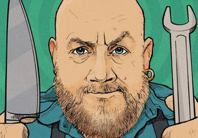 A cartoon drawing of a man holding a knife and a spanner