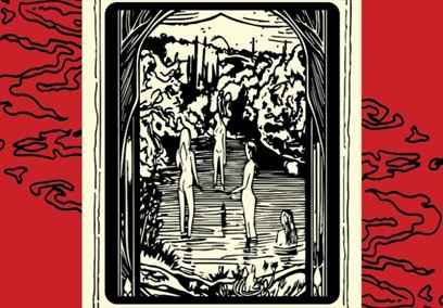 Drawing of some people in a pond