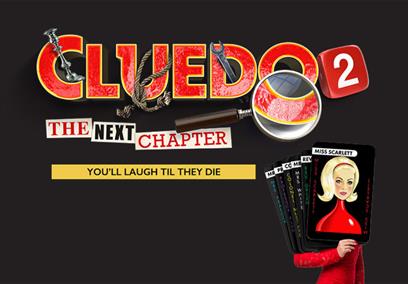 Cluedo logo with figure of woman dressed in red
