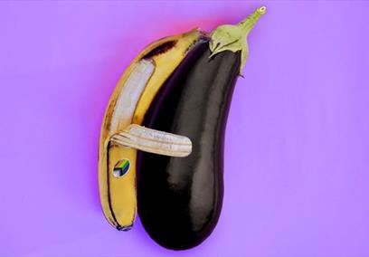 A banana and aubergine