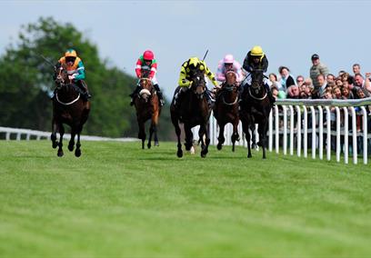 Jockeys racing horses around Bath Racecourse
