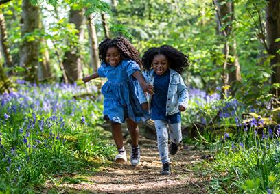 Children running among trees