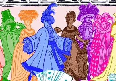 Illustration of people dressed in period fancy attire