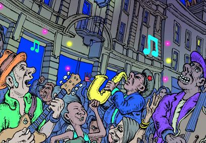 A art piece depicting people dancing playing music.