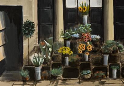 Painting of flowers in vases outside shop