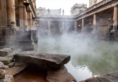 The Great Bath on a winter's morning with steam rising