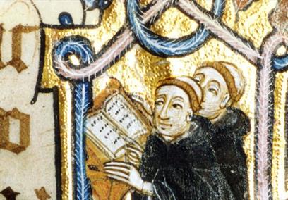 An ancient tapestry featuring artworks of monks