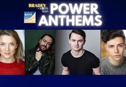 Four images of three men and a woman posing for the camera, beneath white lettering saying 'Power Ballads' against a purple background.