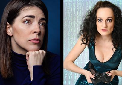 Two images of two women with long black hair posing for the camera. One is pulling a nervous expression while rsting her head on her fist, and the oth