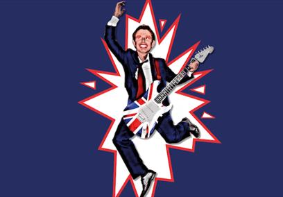 A poster with an explosion graphic in the centre featuring former British Prime Minister Tony Blair holding a Union Jack guitar
