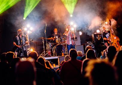 Audience watching a band perform on a stage