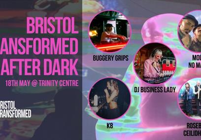 Bristol Transformed afgter dark, an abstract background with circular images of artists and DJs