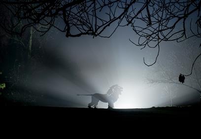 Lion statue illuminated from behind